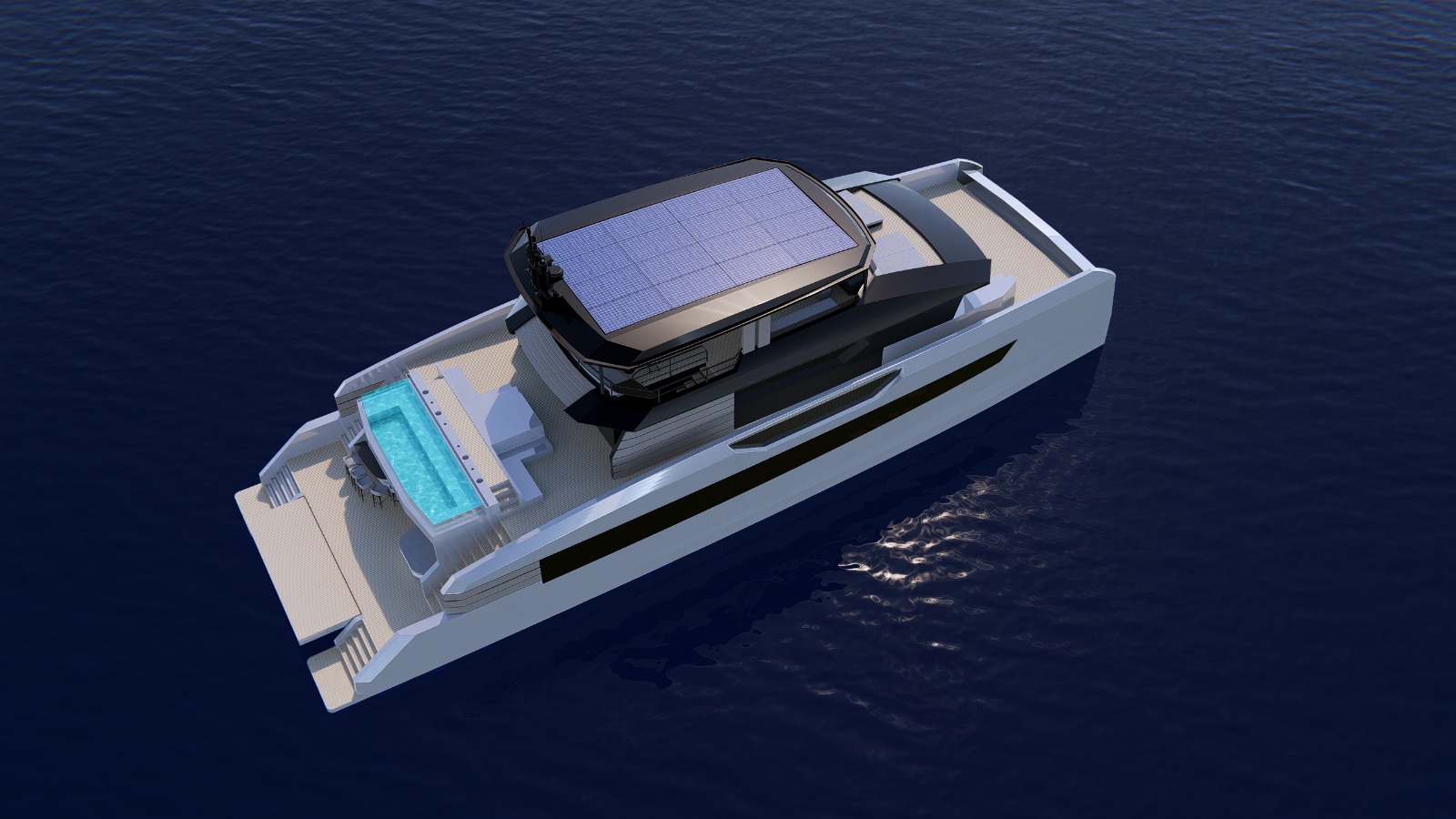 Aerial view of the Independence 110 showing the 11 metre beam and aft deck pool