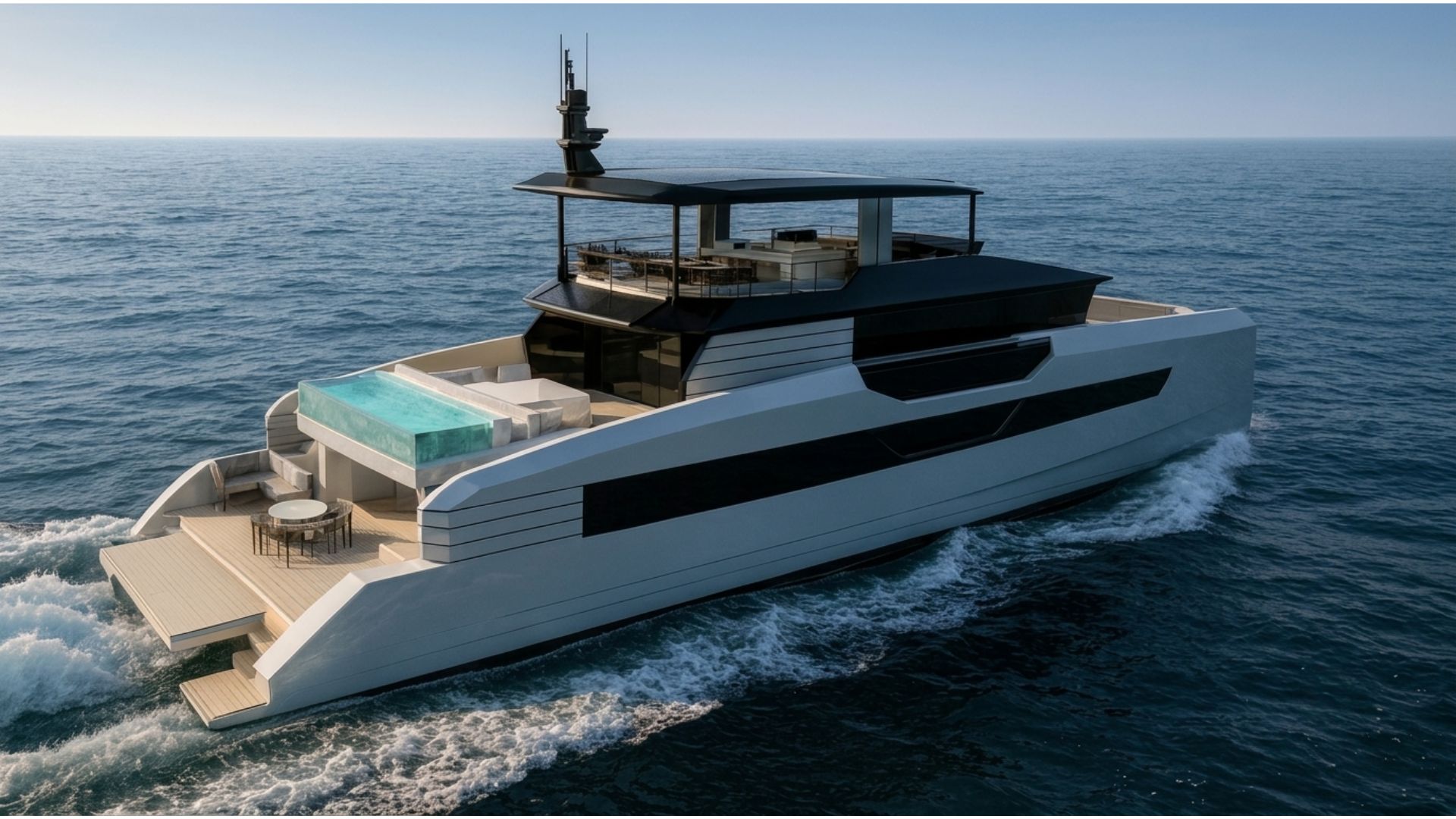 Independence 110 superyacht underway, starboard quarter view with aft deck pool